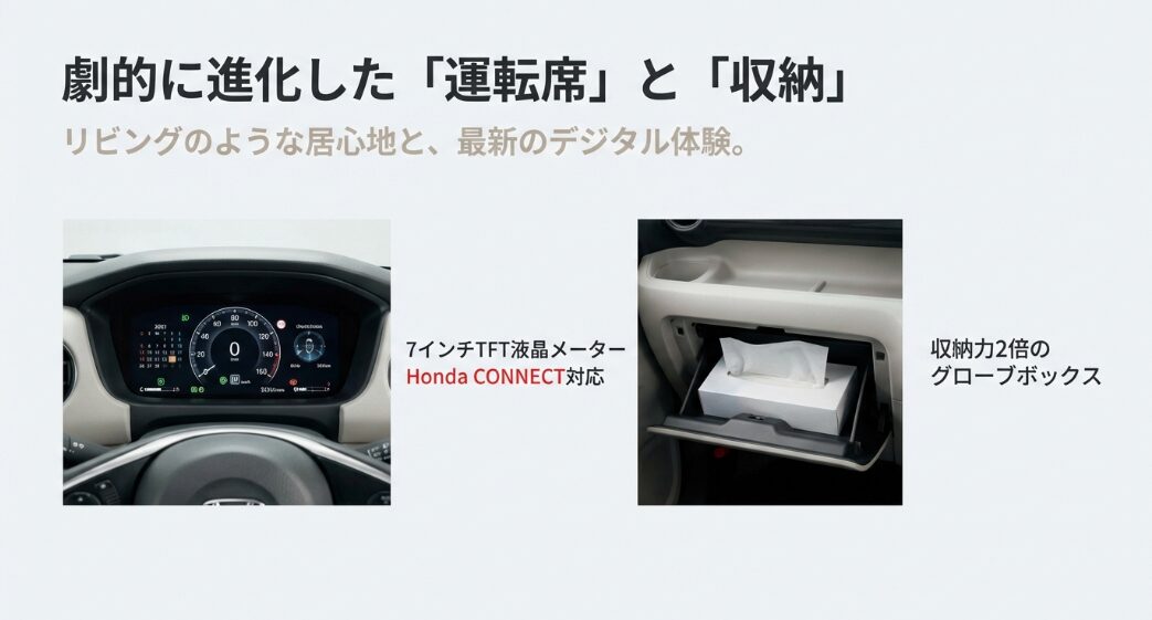 型N-BOXの運転席周り。7インチTFT液晶メーターと大型化したグローブボックスの画像