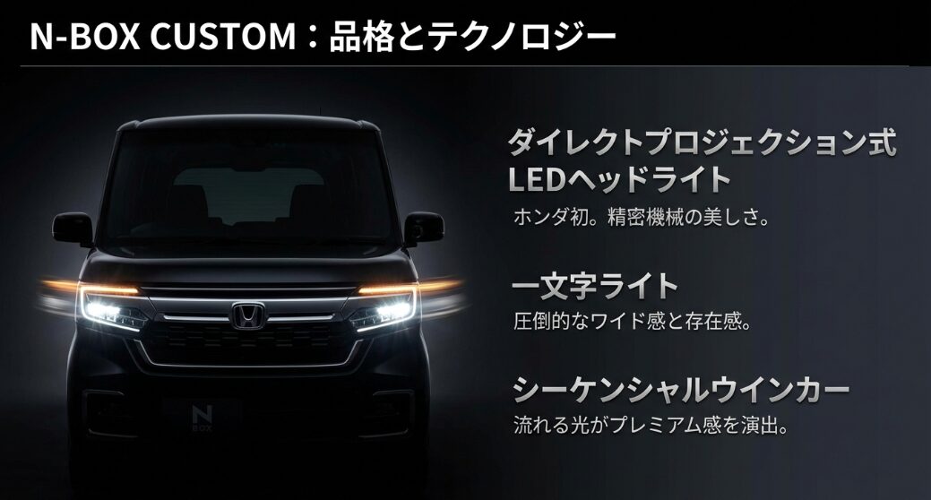 N-BOX CUSTOMのフロントマスク。一文字ライトとシーケンシャルウインカーが点灯している様子