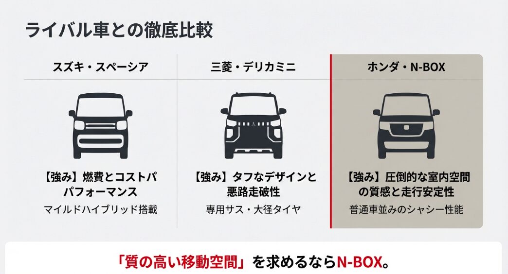 ホンダN-BOX、スズキ・スペーシア、三菱デリカミニのシルエット比較画像