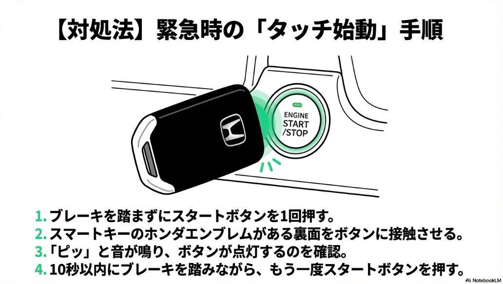 電池切れのスマートキーをスタートボタンにかざしてエンジンをかける手順図