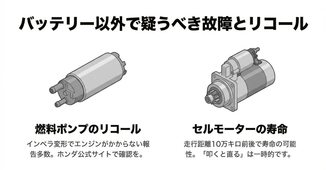 燃料ポンプのインペラ変形リコールとセルモーターの経年劣化イラスト