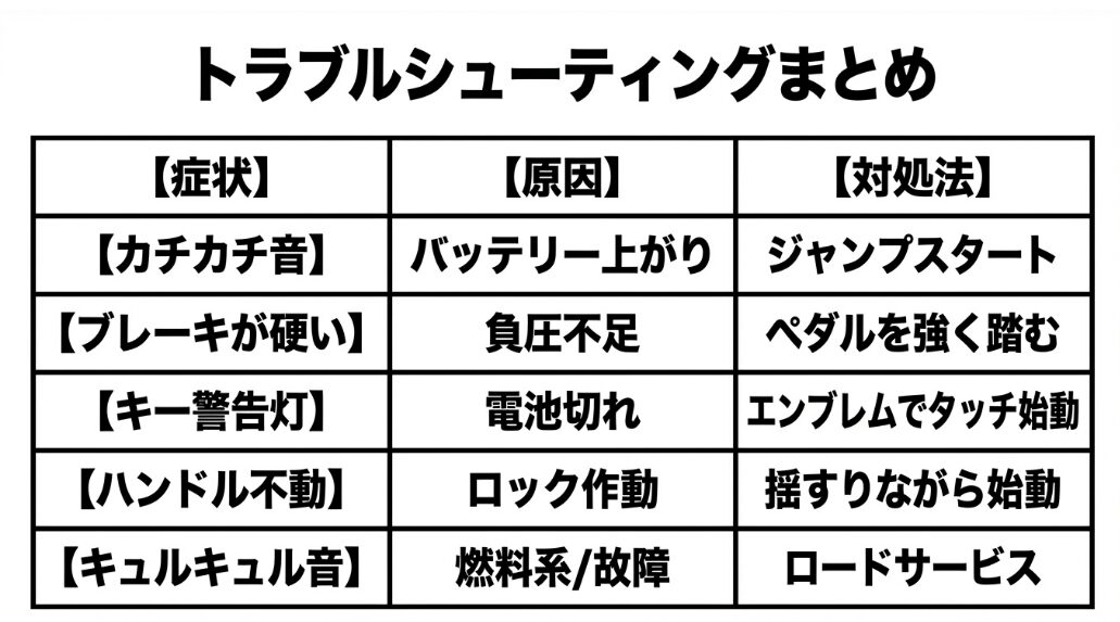 N-WGNのエンジンがかからない症状・原因・対処法をまとめた一覧表画像
