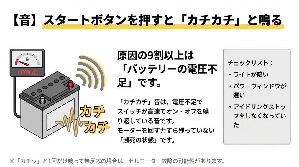 バッテリーの電圧不足でセルモーターからカチカチ音が鳴る仕組みの図解