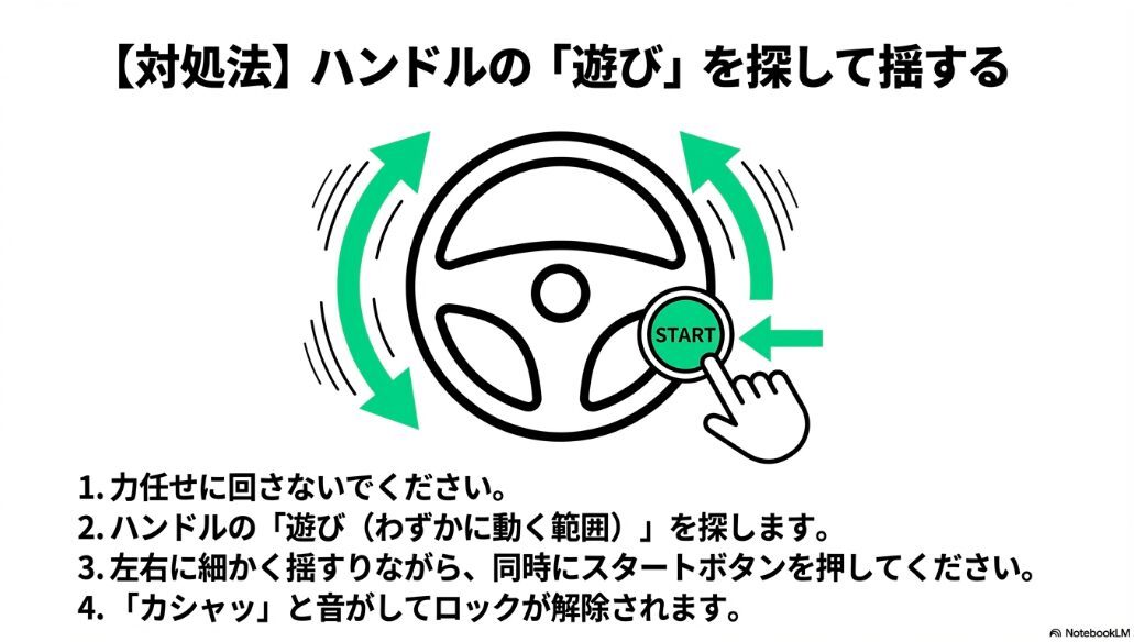 ハンドルを左右に揺すりながらスタートボタンを押してロックを解除する方法