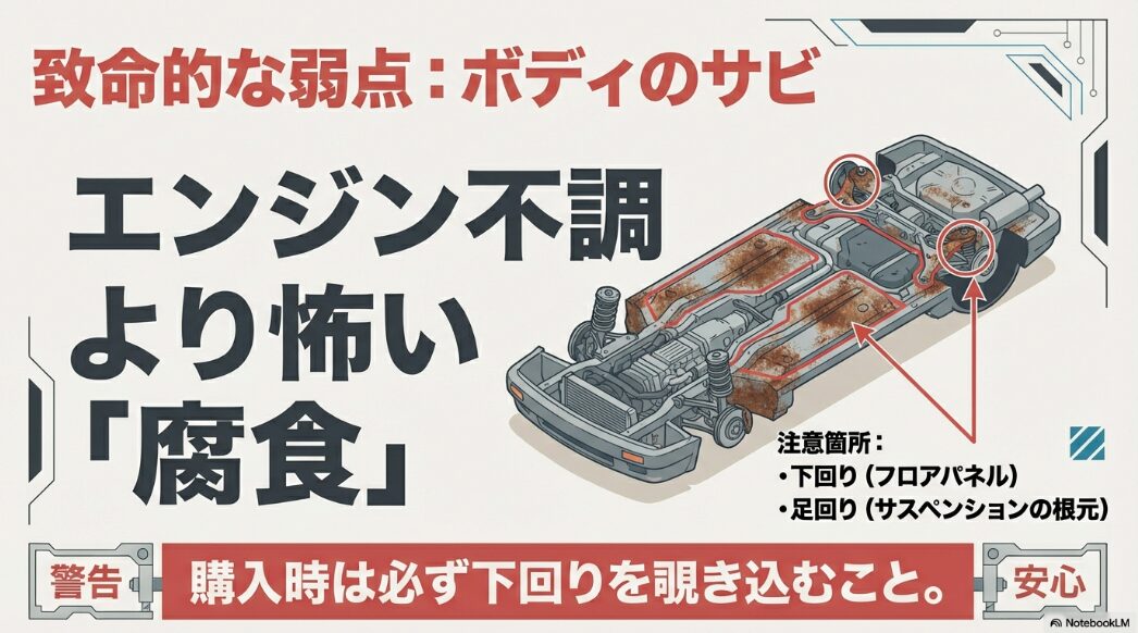 フロアパネルやサスペンション根元など、エンジン不調より怖い下回りのサビと腐食の警告