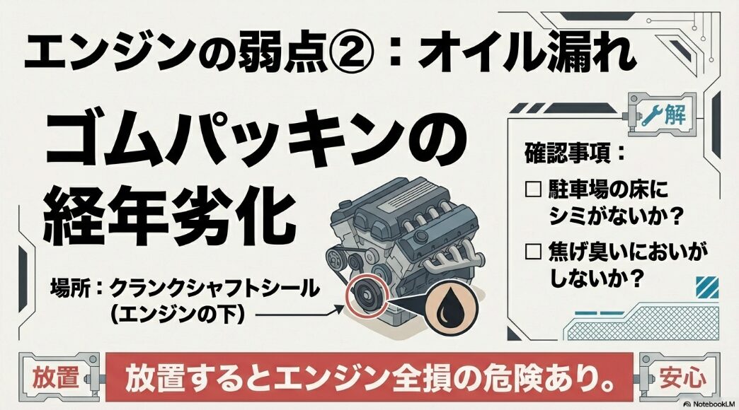 クランクシャフトシールなどゴムパッキンの経年劣化によるエンジンオイル漏れの確認事項