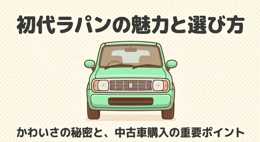 初代ラパンのフロントフェイスと、かわいさの秘密や中古車購入の重要ポイントを解説するタイトル画像