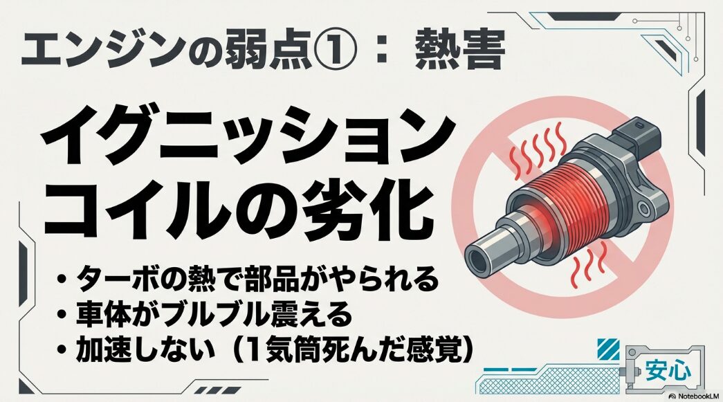 ターボの熱害によって劣化しショートするイグニッションコイルのイラスト