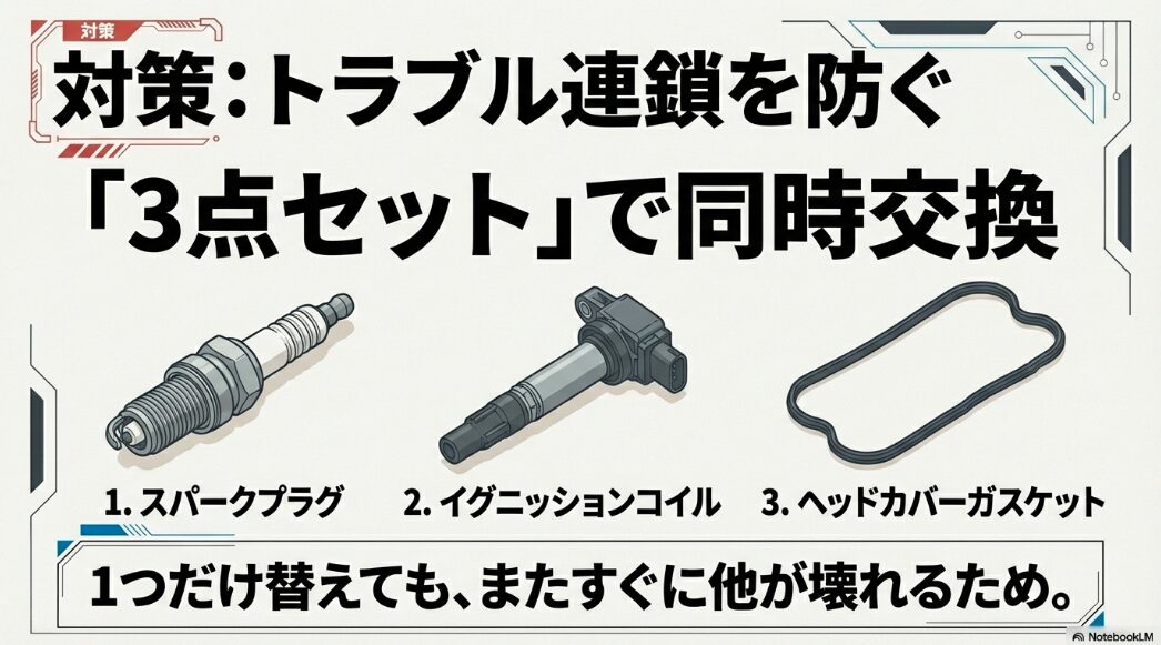 トラブルの連鎖を防ぐためのスパークプラグ、イグニッションコイル、ヘッドカバーガスケットの3点セット同時交換