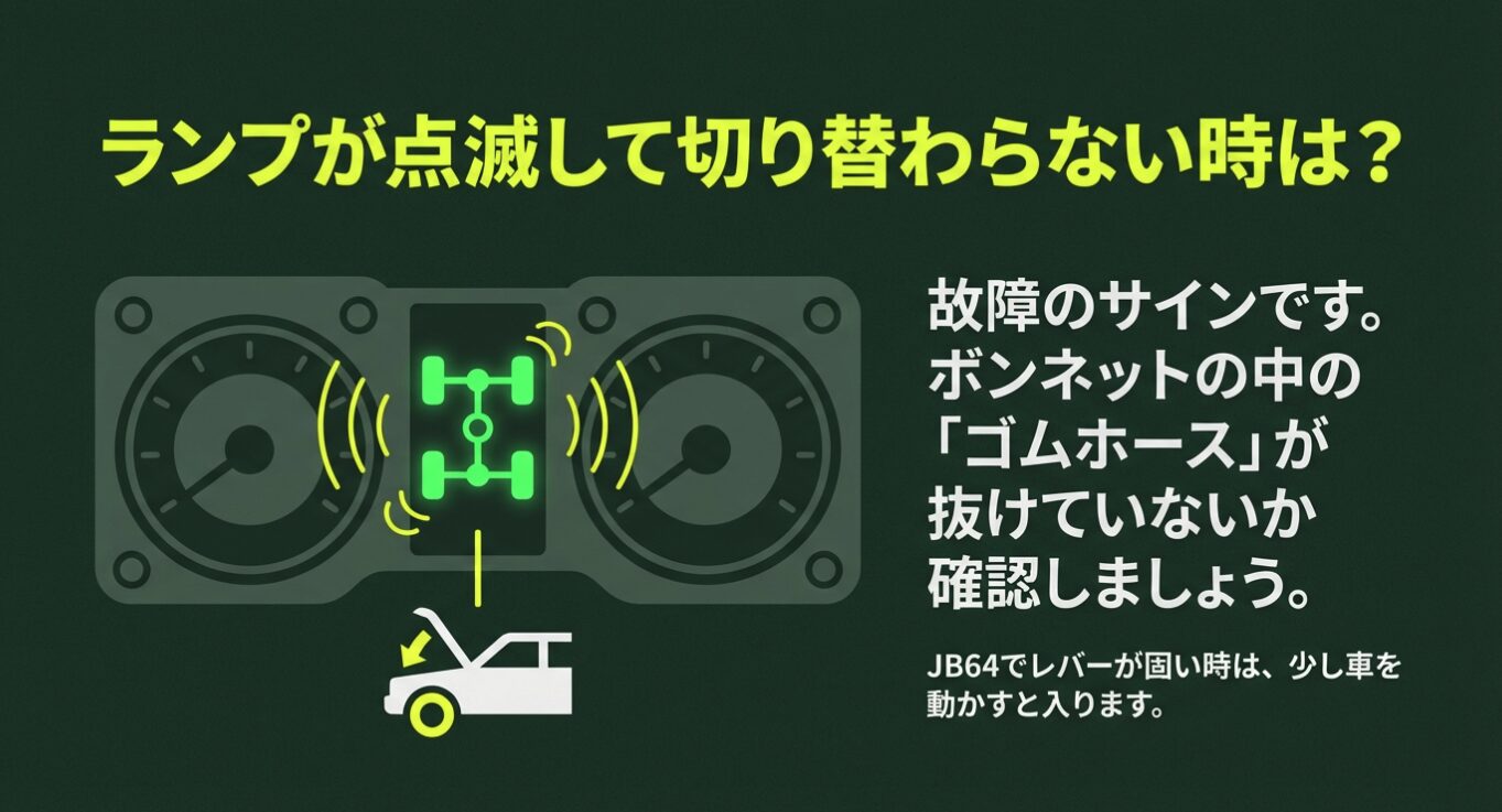 4WDインジケーター点滅時の対処法 ボンネット内のゴムホース確認