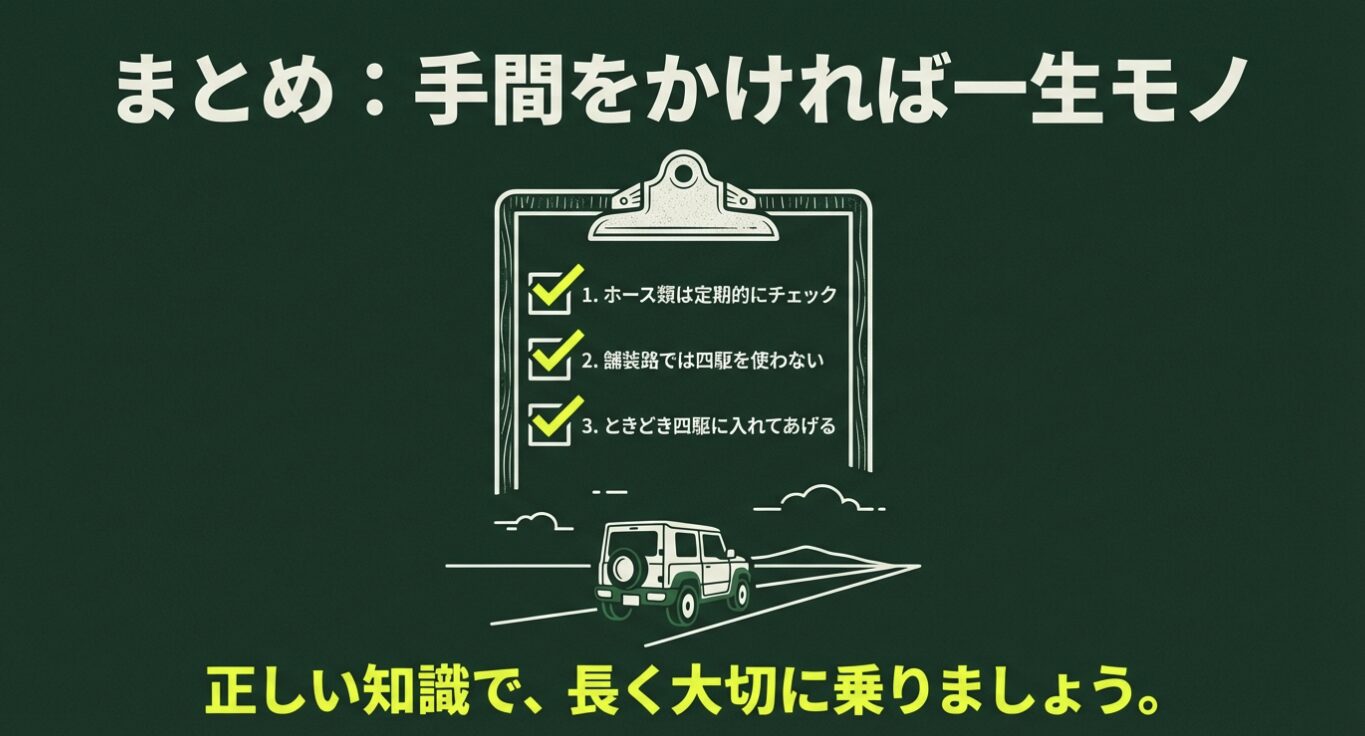 ジムニー4WD長寿命化のためのチェックリスト ホース点検と定期的な走行