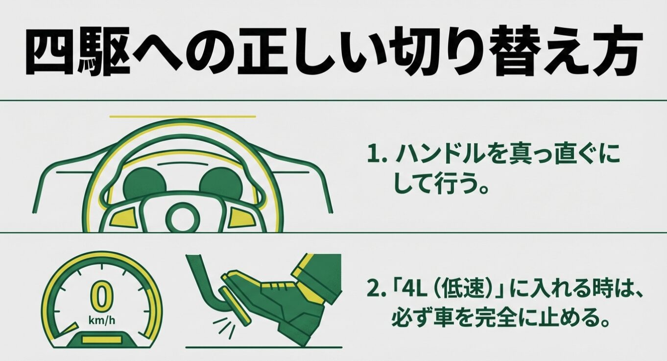 ジムニー4WD切り替え時の注意点 ハンドル直進と停車時の操作