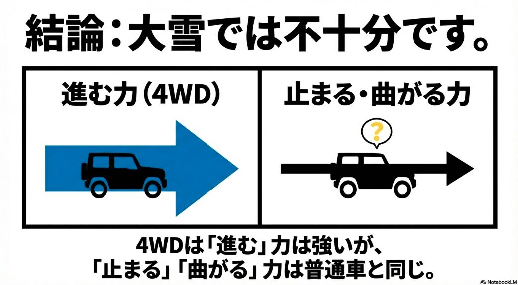 ジムニーが進む力を示す青い矢印と、「結論:大雪では不十分です。4WDは「進む」力は強いが、「止まる」「曲がる」力は普通車と同じ。」という解説テキスト