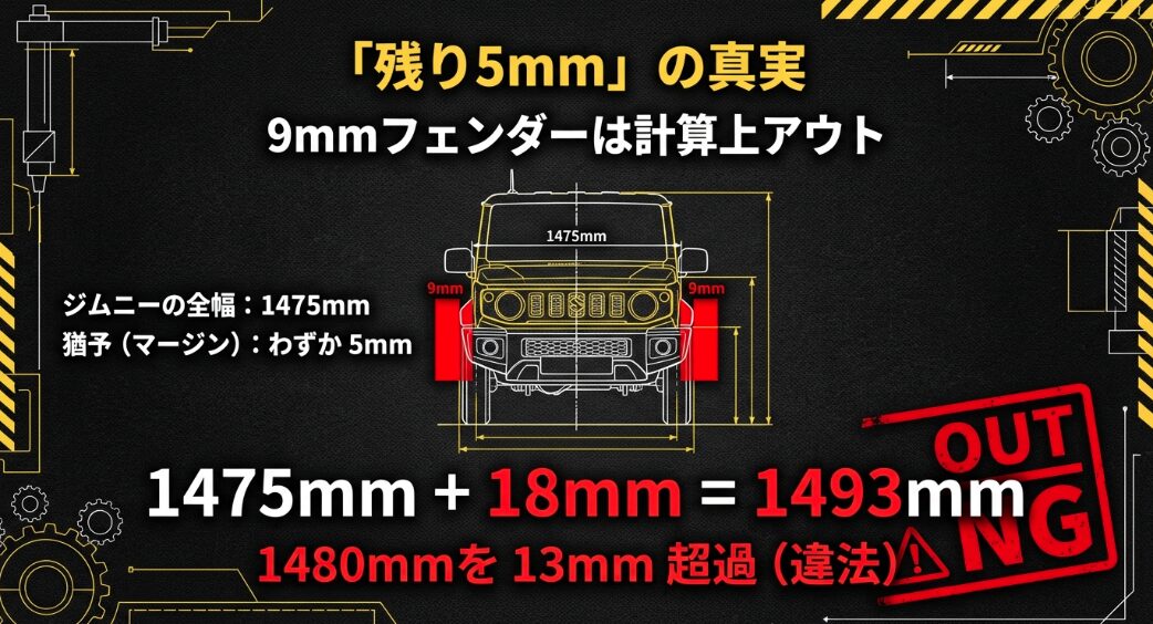 全幅1475mmのジムニーに片側9mmのフェンダーを装着すると合計1493mmとなり、1480mmの制限を13mm超過して違法になることを示す図解