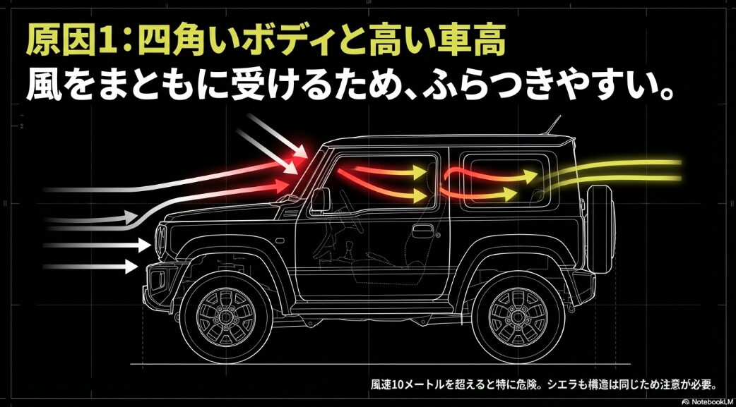 ジムニーの四角いボディと高い車高が風をまともに受けてふらつきやすくなる原因。風速10メートルを超えると危険が増すことの図解