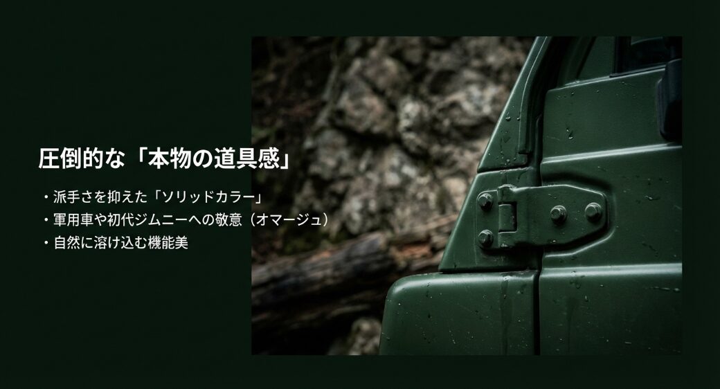 派手さを抑えたソリッドカラーで、軍用車や初代ジムニーへの敬意が込められた機能美あふれるデザイン