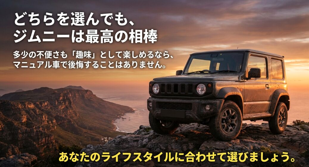 多少の不便さも楽しめるならマニュアル車で後悔しないことと、ライフスタイルに合わせて選ぶことを促すスライド