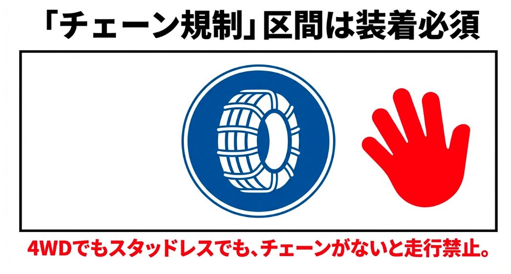 タイヤの標識と赤い手のストップアイコン、「チェーン規制区間は装着必須、4WDでもスタッドレスでも、チェーンがないと走行禁止」というテキスト