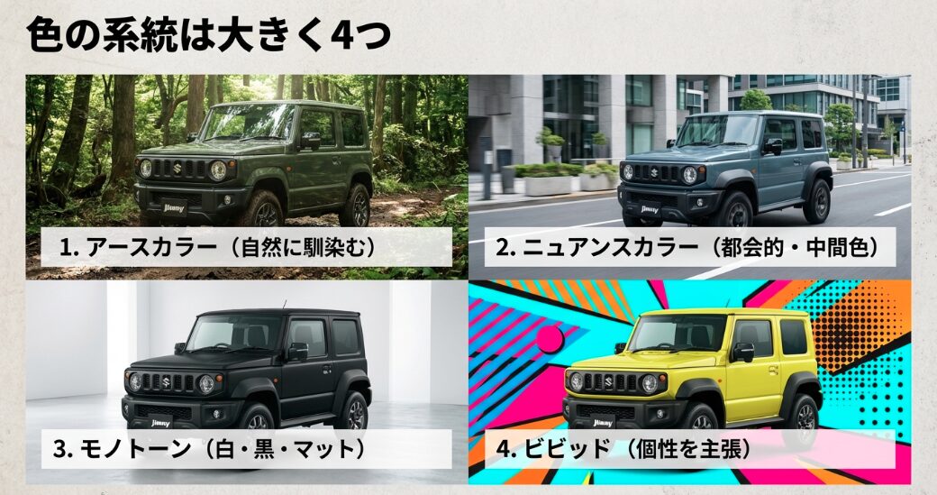 ジムニーのカラー系統はアースカラーなど大きく4種類
