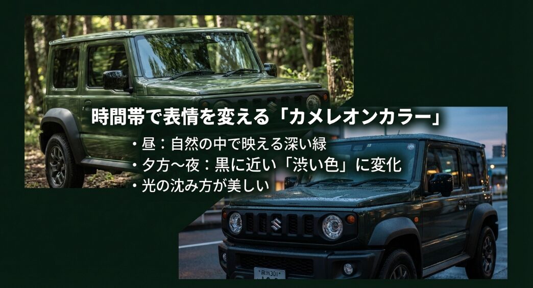 昼は自然に映える深い緑、夕方から夜は黒に近い渋い色へと変化する光の沈み方が美しい塗装