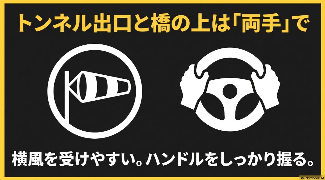 横風を受けやすいトンネル出口と橋の上は、両手でハンドルをしっかり握ることを推奨するイラスト