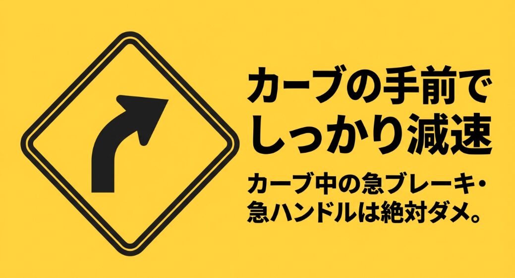 カーブの手前でしっかり減速することと、カーブ中の急ブレーキ・急ハンドルは絶対ダメであることを注意喚起するスライド