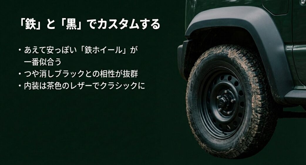 安っぽい鉄ホイールや茶色のレザー内装と相性が抜群な、鉄と黒で統一するカスタムスタイル