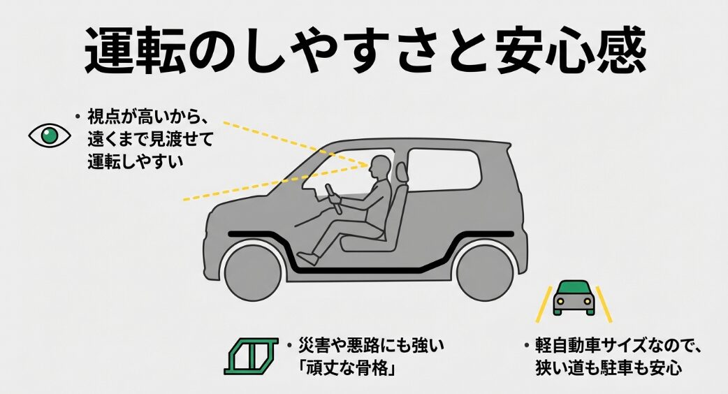 視点が高く見渡しやすい運転席と、災害や悪路に強い頑丈な骨格。軽自動車サイズで駐車も安心。