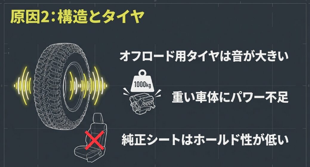 音が大きいオフロード用タイヤ、1000kgの重い車体によるパワー不足、ホールド性が低い純正シートなど、疲労の原因となる構造