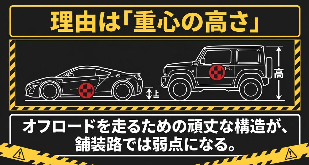 オフロードを走るための頑丈な構造が舗装路では弱点になることと、理由は重心の高さであることを説明するイラスト