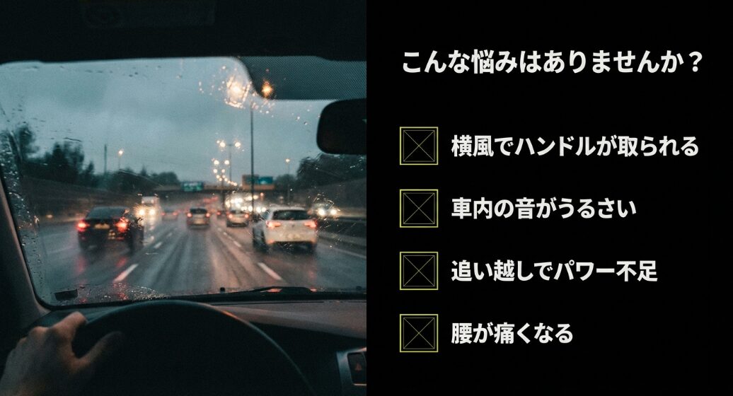 ドルが取られる、車内の音がうるさい、追い越しでのパワー不足、腰が痛くなるなど、ジムニーの高速運転に関する代表的な悩み