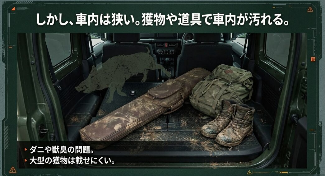 獲物や泥だらけの道具で汚れたジムニーの荷室とダニや獣臭の問題点