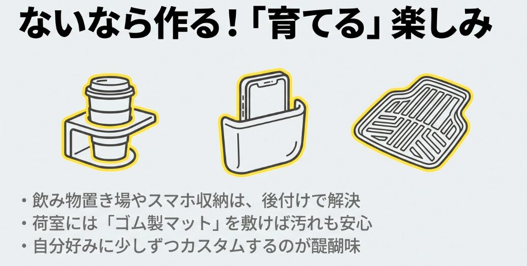 ドリンクホルダーやスマホ収納の後付け、汚れに強いゴム製マットなど、不便さを解消して自分好みにカスタムする楽しみ。