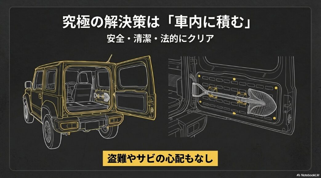 ジムニーのラゲッジルーム内側のパネルにスコップを固定しているワイヤーフレーム透視図