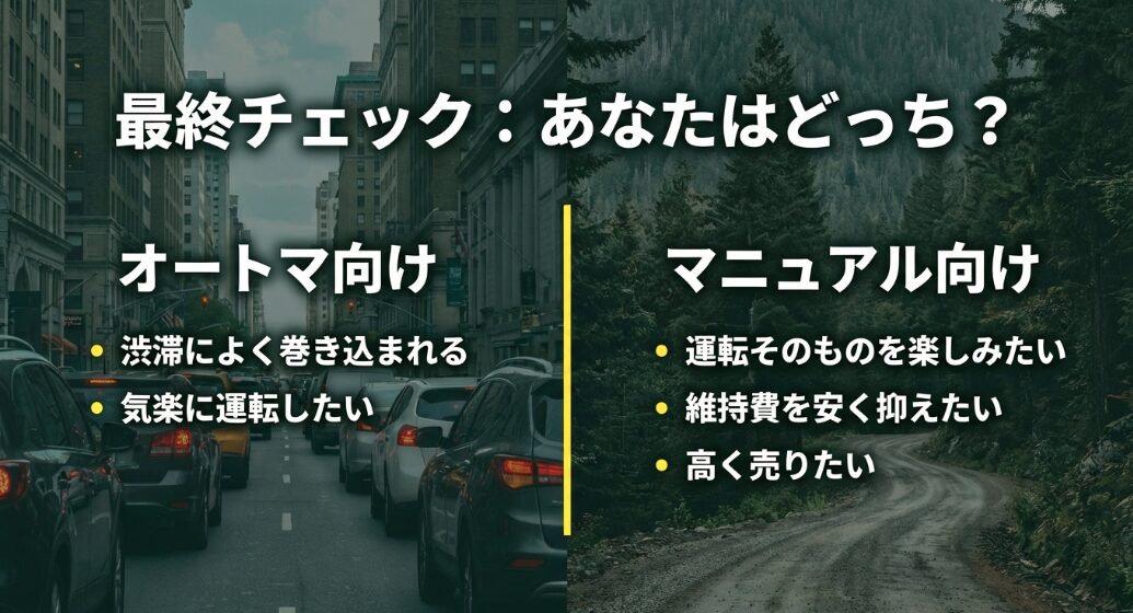 オートマ向けとマニュアル向けの特徴を比較してどちらが自分に合うか確認できる最終チェックスライド