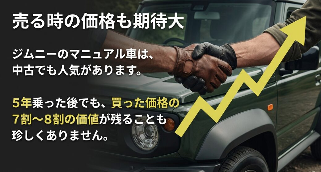 ジムニーのマニュアル車は5年乗った後でも購入価格の7割から8割の価値が残ることを説明するスライド