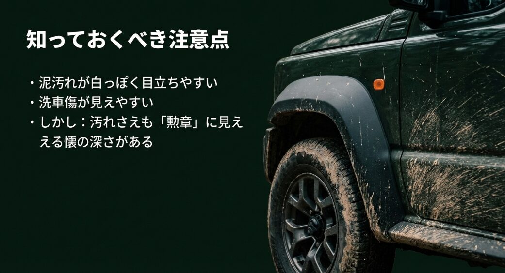 泥汚れや洗車傷が目立ちやすいが、汚れさえも勲章に見える懐の深さがあるオフロード走行後のジムニー