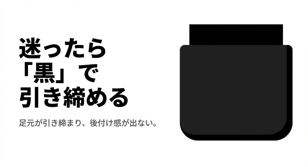 迷ったら黒で引き締める。足元が引き締まり、後付け感が出ないという解説