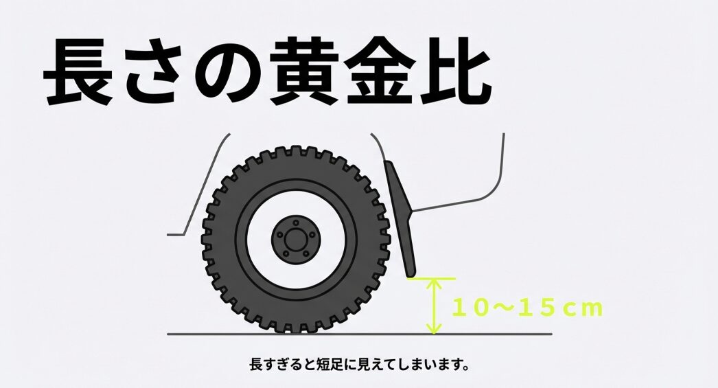 地面から10〜15cmが最適。長すぎると短足に見えてしまうタイヤ周りの図解