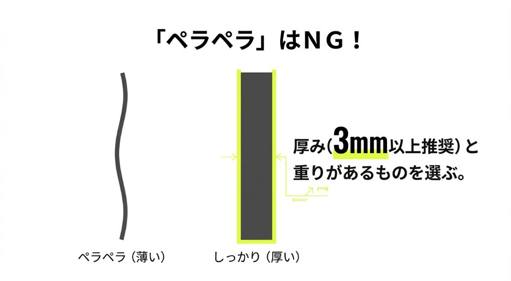 ペラペラはNG。厚み3mm以上推奨と重りがあるしっかりしたものを選ぶ比較図