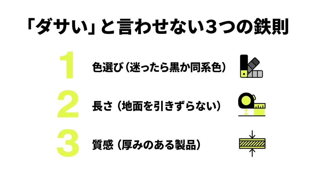 1.色選び(黒か同系色)、2.長さ(地面を引きずらない)、3.質感(厚みのある製品)