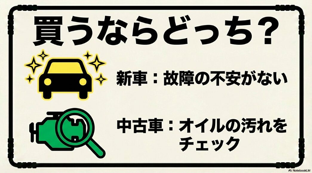 故障不安のない新車とオイル汚れチェックが必要な中古車の比較
