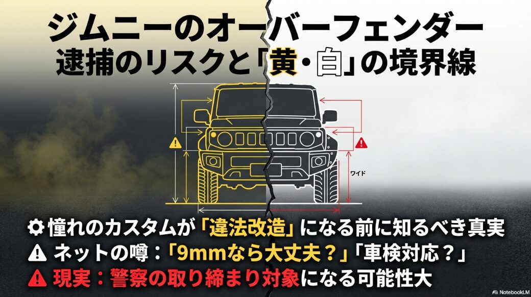 ジムニーのオーバーフェンダーによる逮捕のリスクと黄色・白ナンバーの境界線を解説するタイトル画像