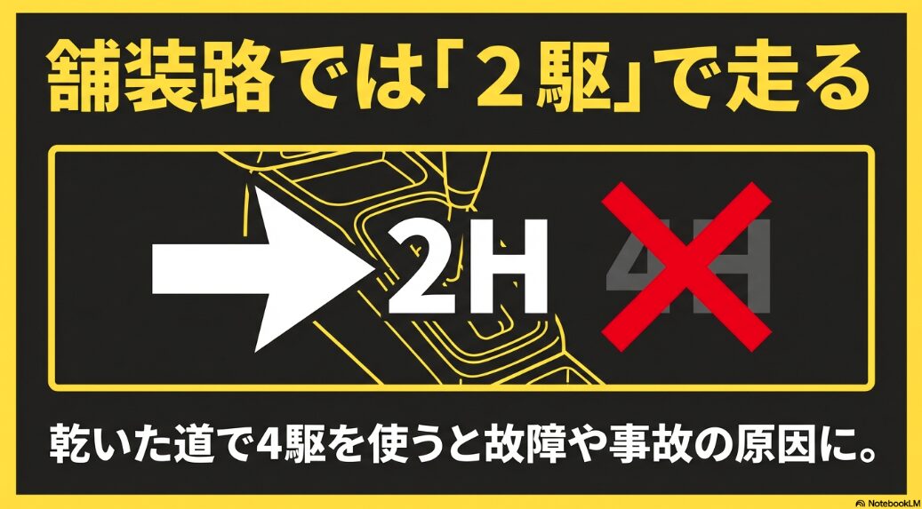 乾いた道で4駆を使うと故障や事故の原因になるため、舗装路では2駆で走るべきであることを解説するスライド