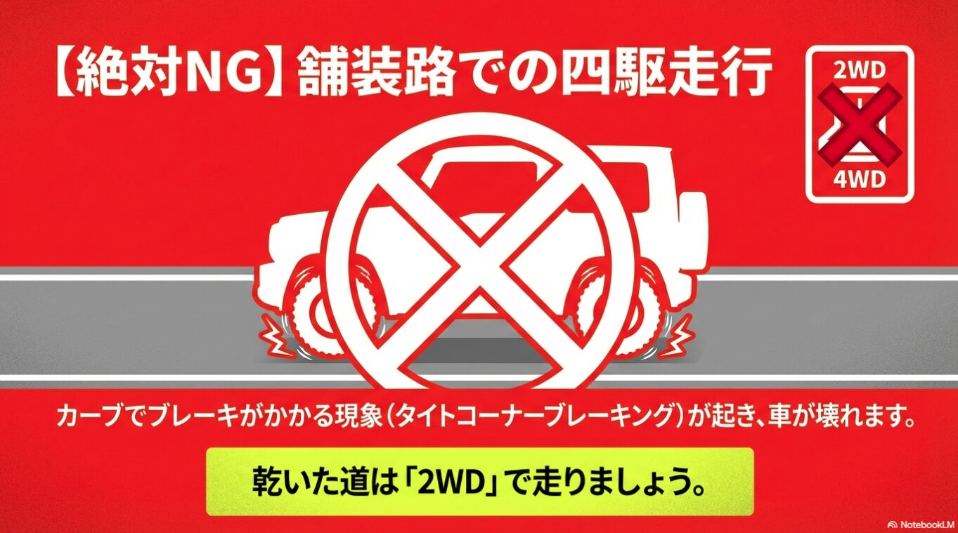 乾いた舗装路での4WD走行禁止マーク タイトコーナーブレーキング現象の警告