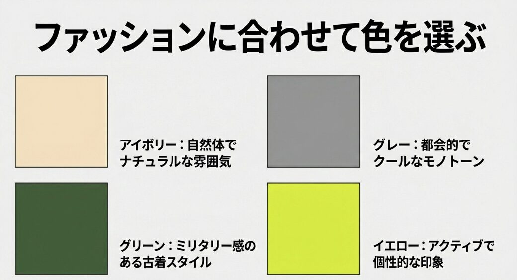 アイボリー、グレー、グリーン、イエローなど、ファッションの系統に合わせたジムニーのカラー選びのポイント。
