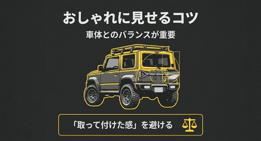 ジムニーの背面に黄金比のようなグリッドを当て、スコップのバランス良い配置を示したデザイン図