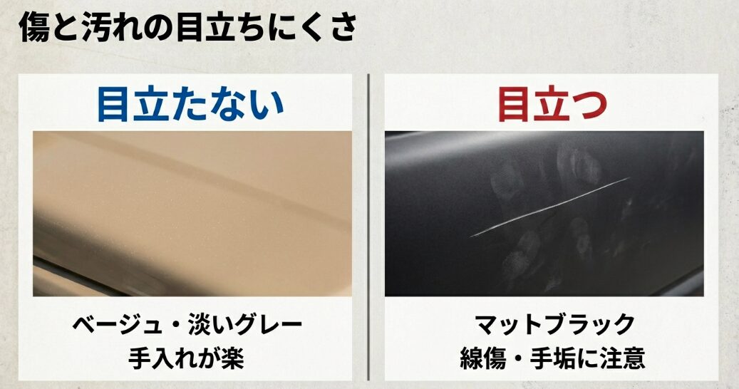 ジムニーの傷と汚れの目立ちにくさ（ベージュ系とマットブラックの比較）