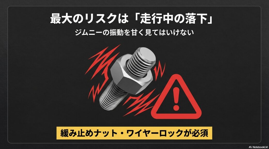 振動で緩むボルトと警告マークのイラスト。走行中の落下事故リスクを強調