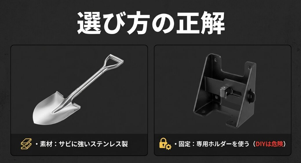 ステンレス製のスコップと専用の固定ホルダーの画像。錆に強い素材とDIYではない確実な固定を推奨
